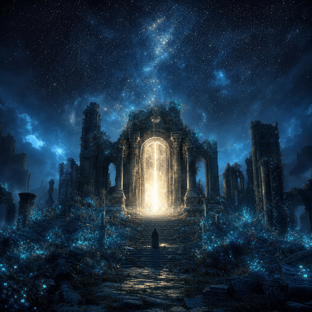 Fantasy book cover composition: ancient stone ruins overgrown with luminescent blue-green moss beneath a vast star-fille
