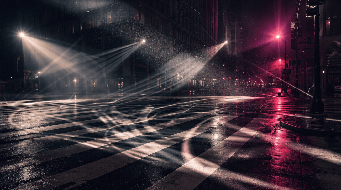 An empty metropolitan crosswalk transformed into a stage by sweeping beams of light, rhythmic shadows, suspended dust, a