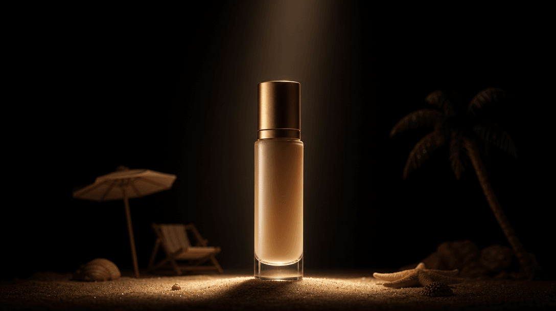 A single cosmetic bottle isolated by a narrow warm spotlight while miniature beach props recede softly into shadow. Clea