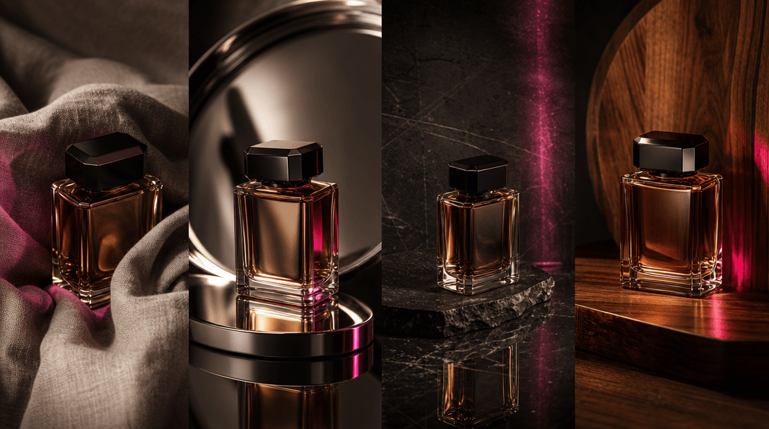 A coordinated campaign still life showing one luxury bottle reflected through four distinct material environments: rumpl