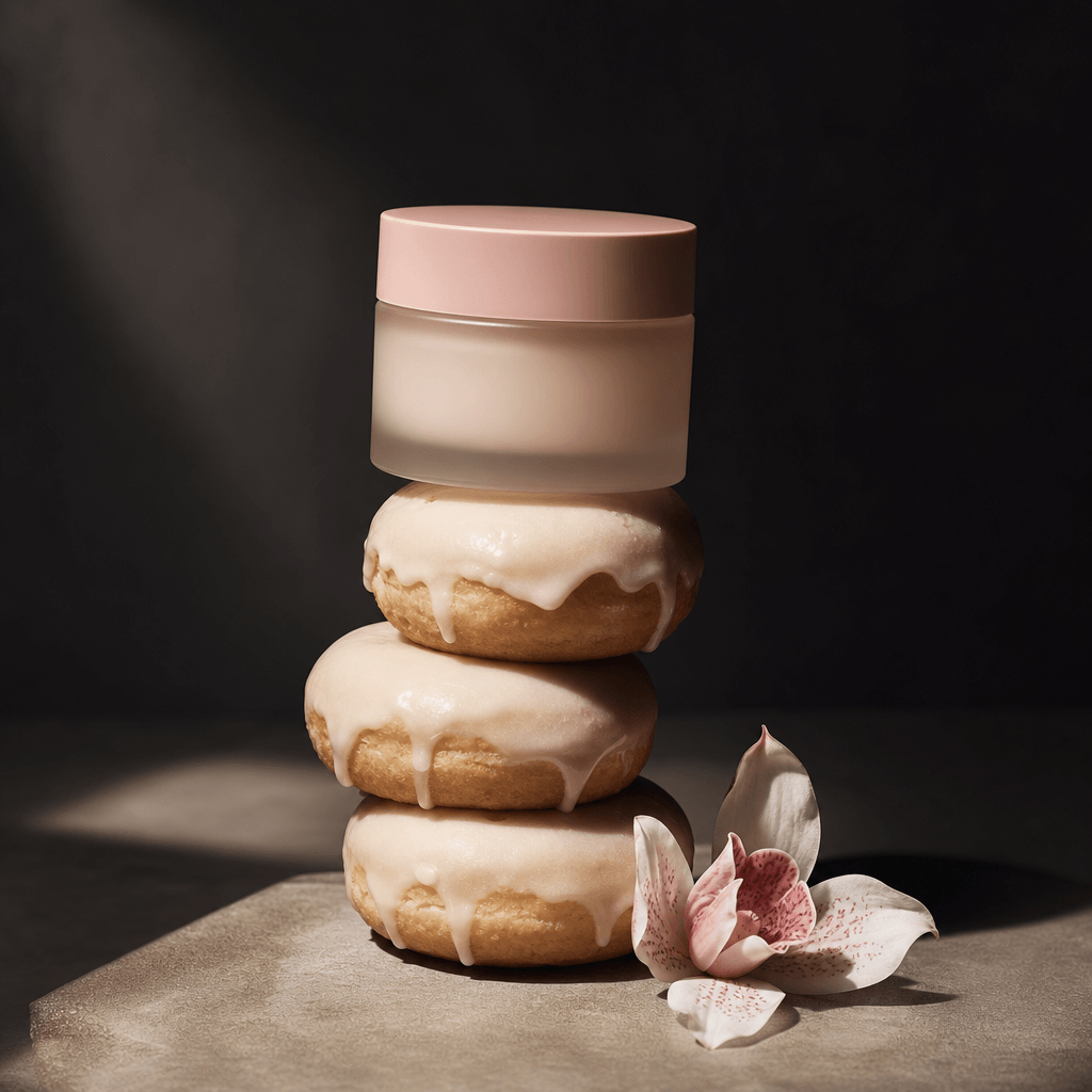 A minimalist skincare jar balanced on a stack of small vanilla-glazed donuts, soft ivory icing with delicate reflective 