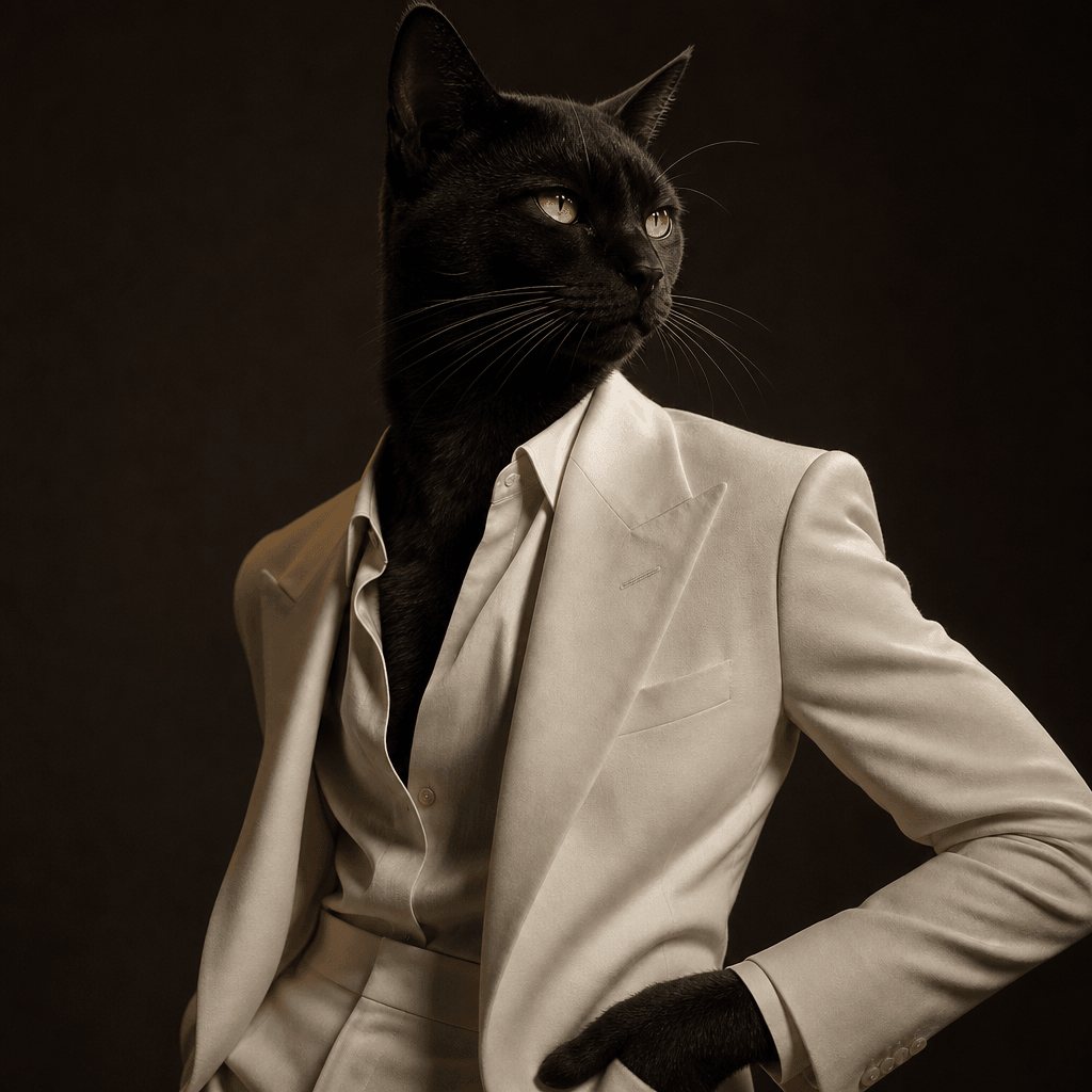 Anthropomorphic black cat person wearing a sharp ivory jacket, expressive golden eyes, natural feline and human anatomy,