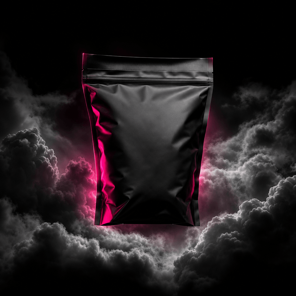 A black supplement pouch floating over stormlike silver clouds, sharp hot pink edge lighting, deep near-black background
