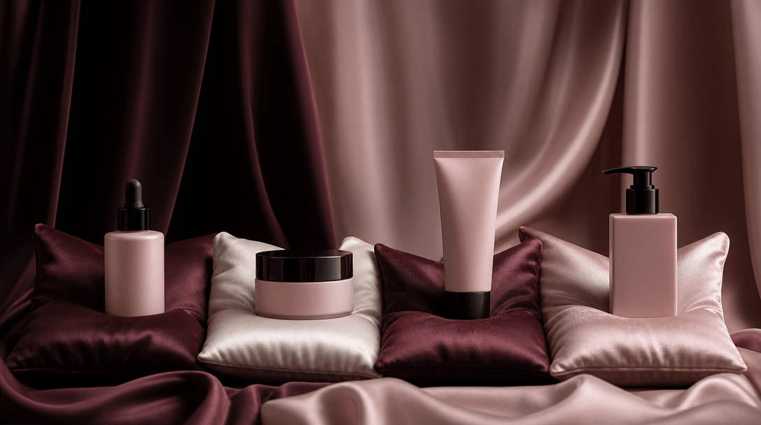 Four coordinated beauty products arranged across matching silk pillows in a continuous studio set, consistent blush, bur