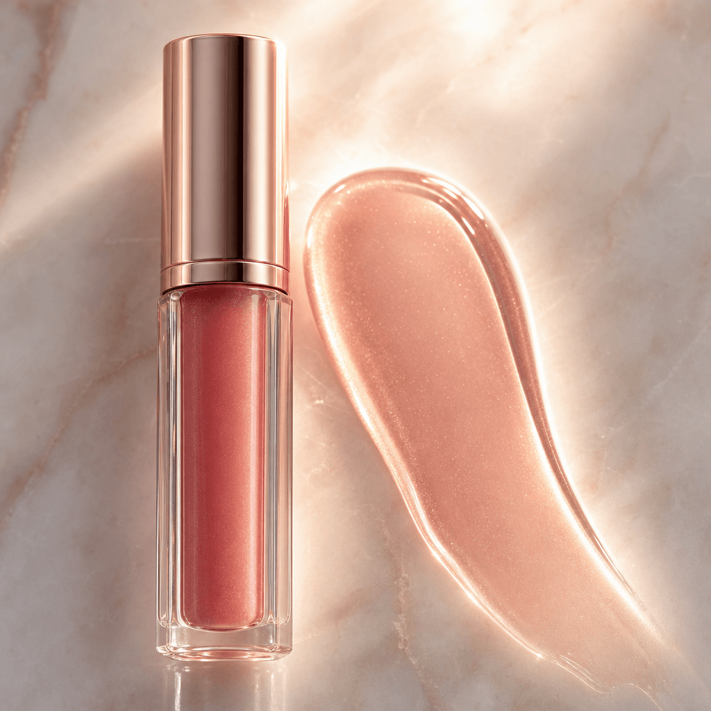 Sheer rose lip oil bottle standing beside a translucent rose-gold gloss smear on a polished alabaster surface, backlit w