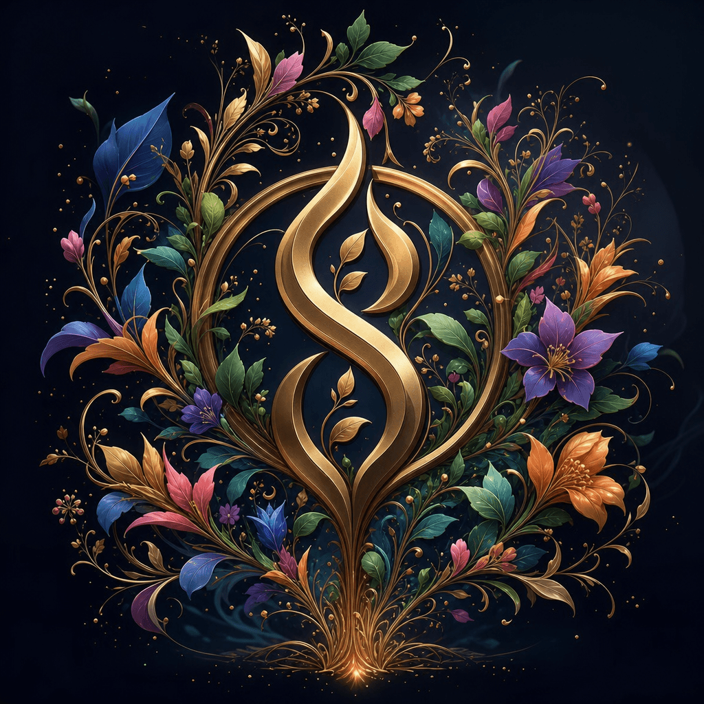 Symbol growing with botanical flourishes and color expansion, luxury animation style, organic elegance.
