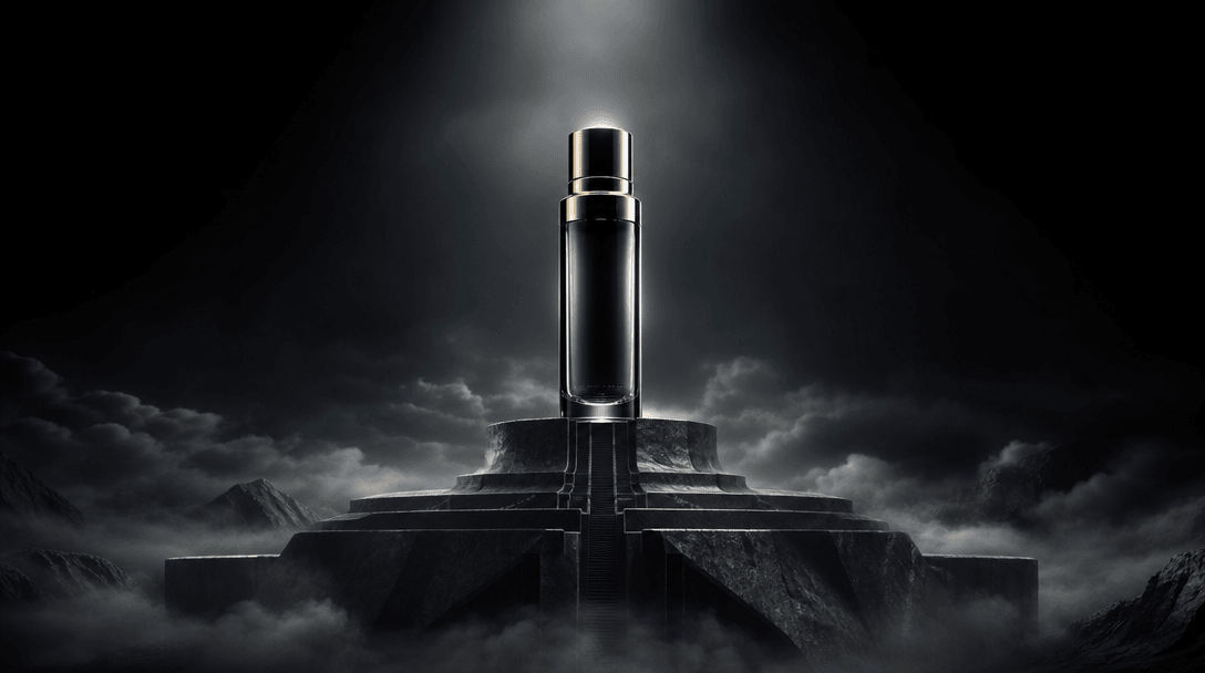 A single polished cosmetic bottle rising above a monumental sculptural platform hidden in clouds, emphasizing clear silh