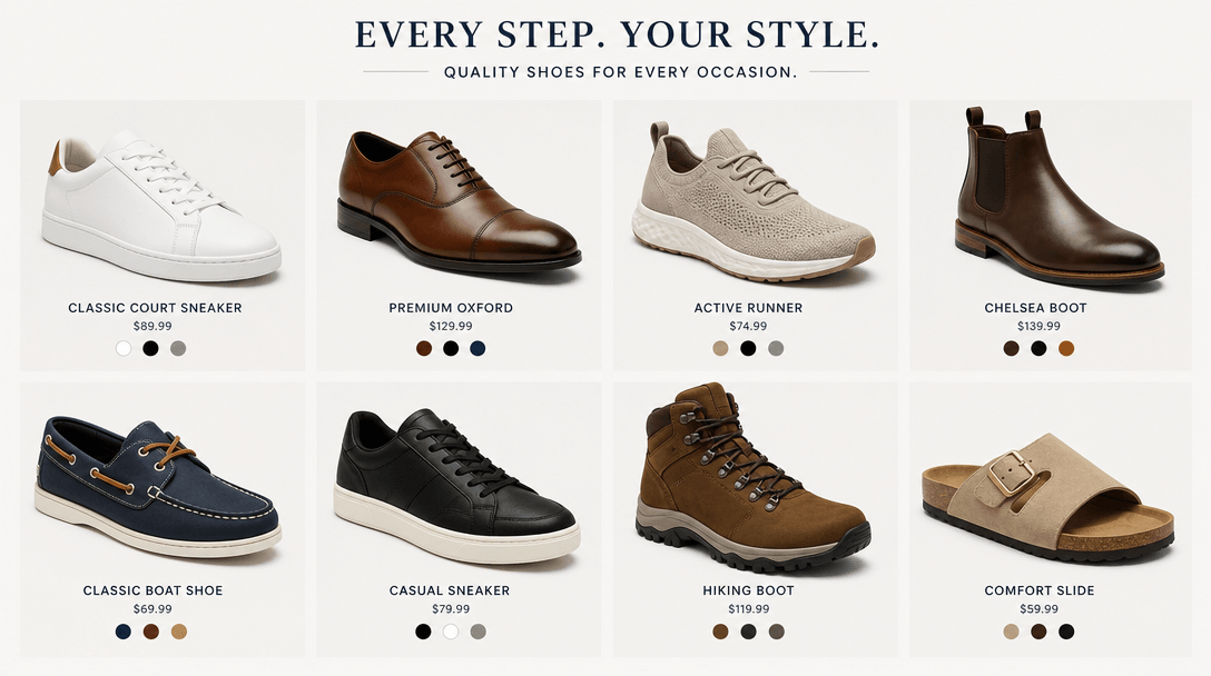 Multiple shoe products arranged catalog-style, clean background, consistent professional lighting, ecommerce product pre