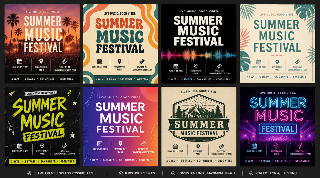 Multiple poster variations of the same event displayed side-by-side or in a grid, each with different visual styles, col