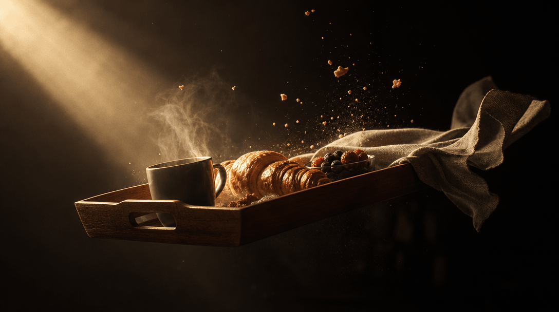 A dramatic product silhouette emerging from darkness as a breakfast tray glides through a narrow beam of warm morning li
