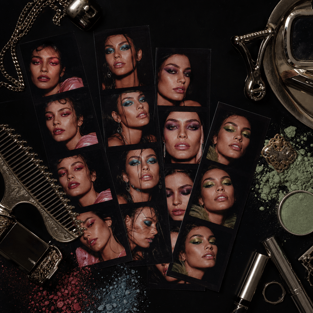 An overhead square still life of several photobooth strips documenting colorful makeup transformations, arranged beside 