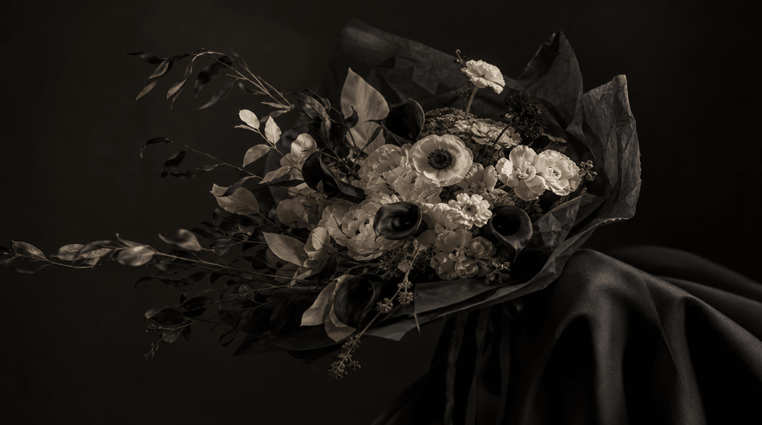 A sculptural bouquet suspended just above folded charcoal fabric, suggesting the curve and support of a shoulder without