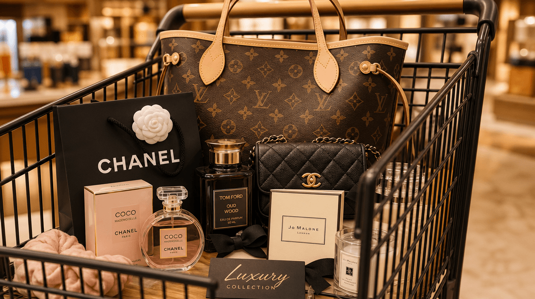 Shopping cart product arrangement detail, luxury items display, warm professional lighting, product focus.