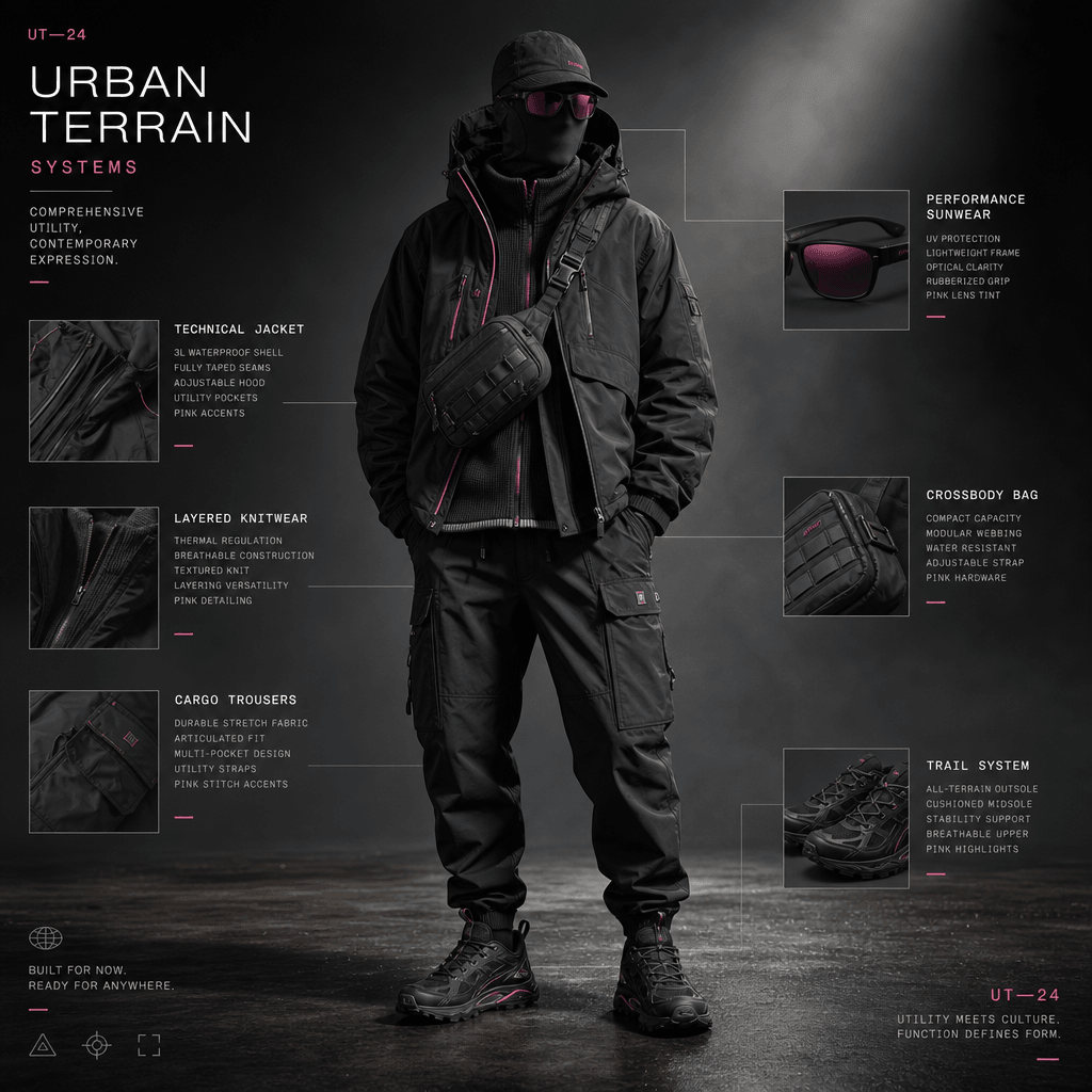 A contemporary outdoor utility outfit shown as a polished editorial breakdown, technical jacket, layered knitwear, cargo