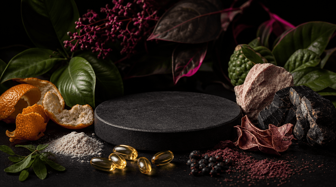 A cinematic still life of botanical leaves, citrus peel, mineral fragments, softgel capsules, and fine powder arranged a