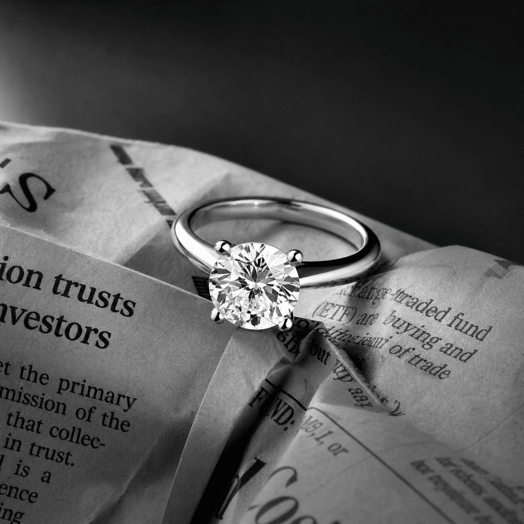 A diamond solitaire engagement ring placed on a crinkled black-and-white newspaper print, hard directional studio lighti