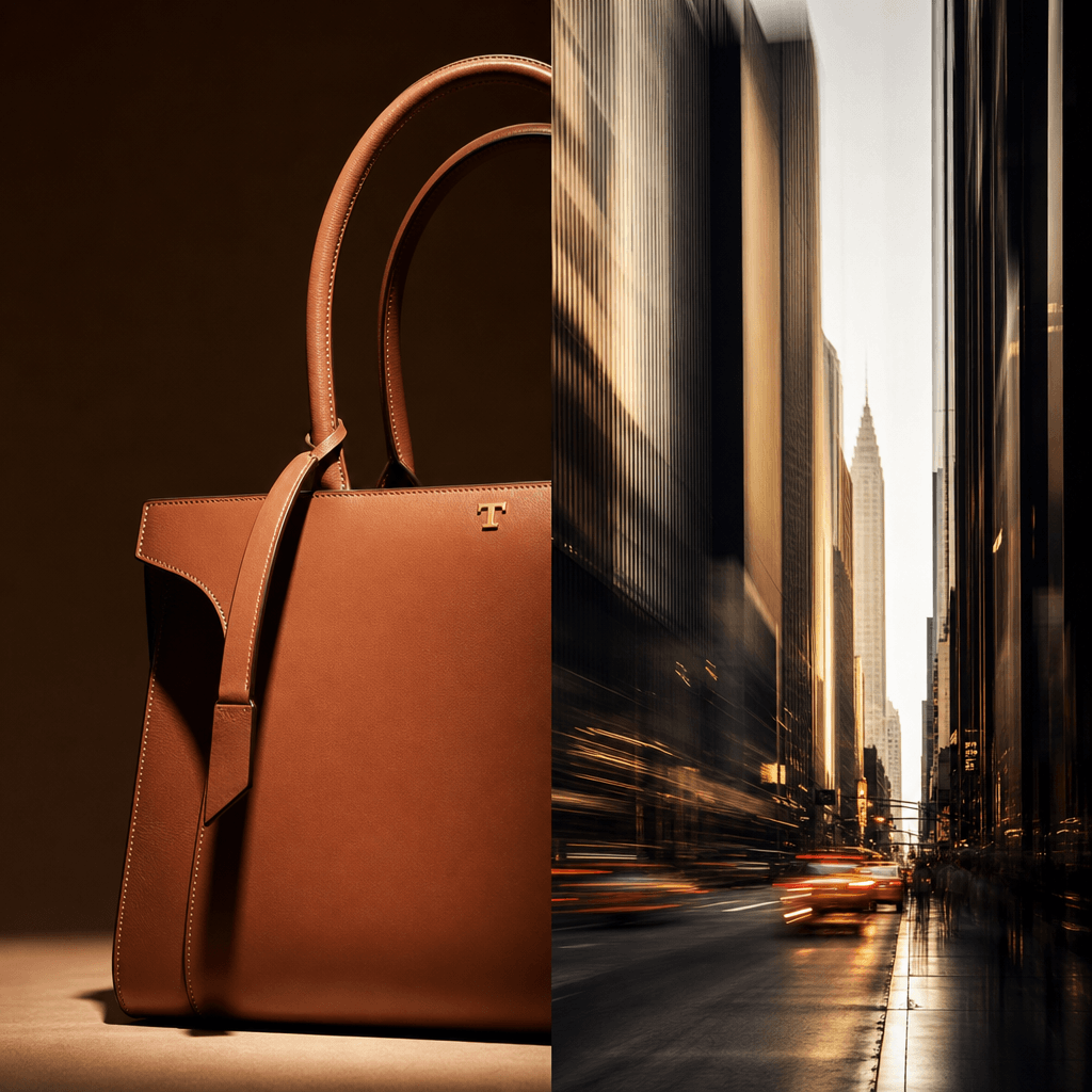 Designer leather handbag split composition: left side studio product close-up with dramatic three-point lighting, right 