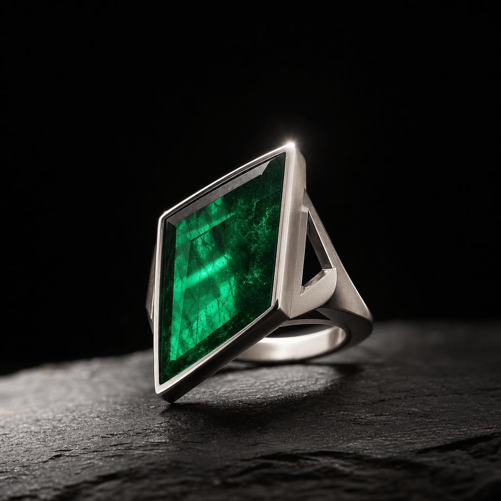 A silver and emerald cocktail ring, angular and architectural, resting on dark slate under a single hard spotlight. The 