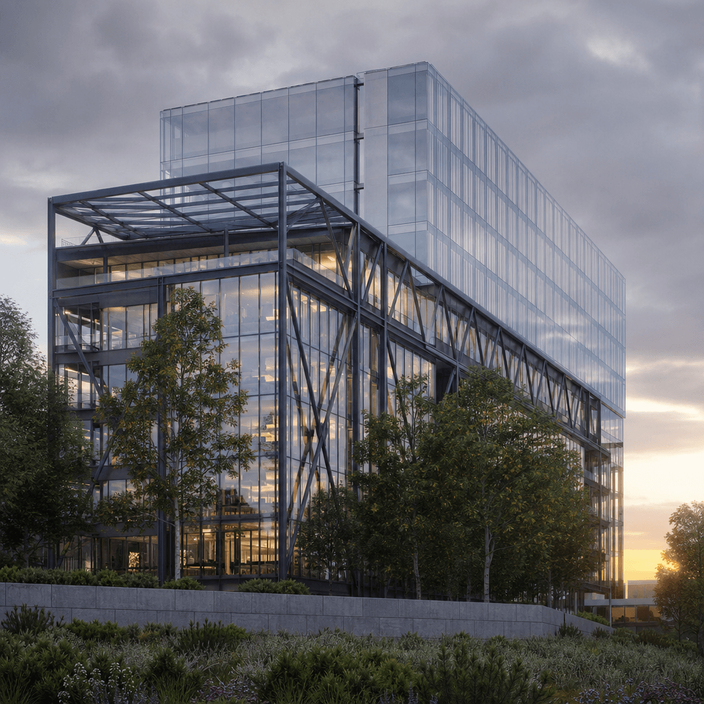 Photorealistic exterior CGI render of a modernist glass-and-exposed-steel office building at golden hour. Reflective cur