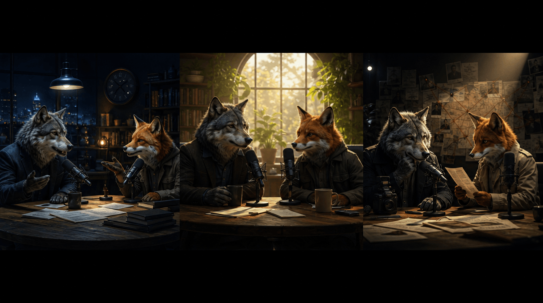 The same pair of animal podcast hosts shown across three connected studio moods: late-night debate, warm morning convers