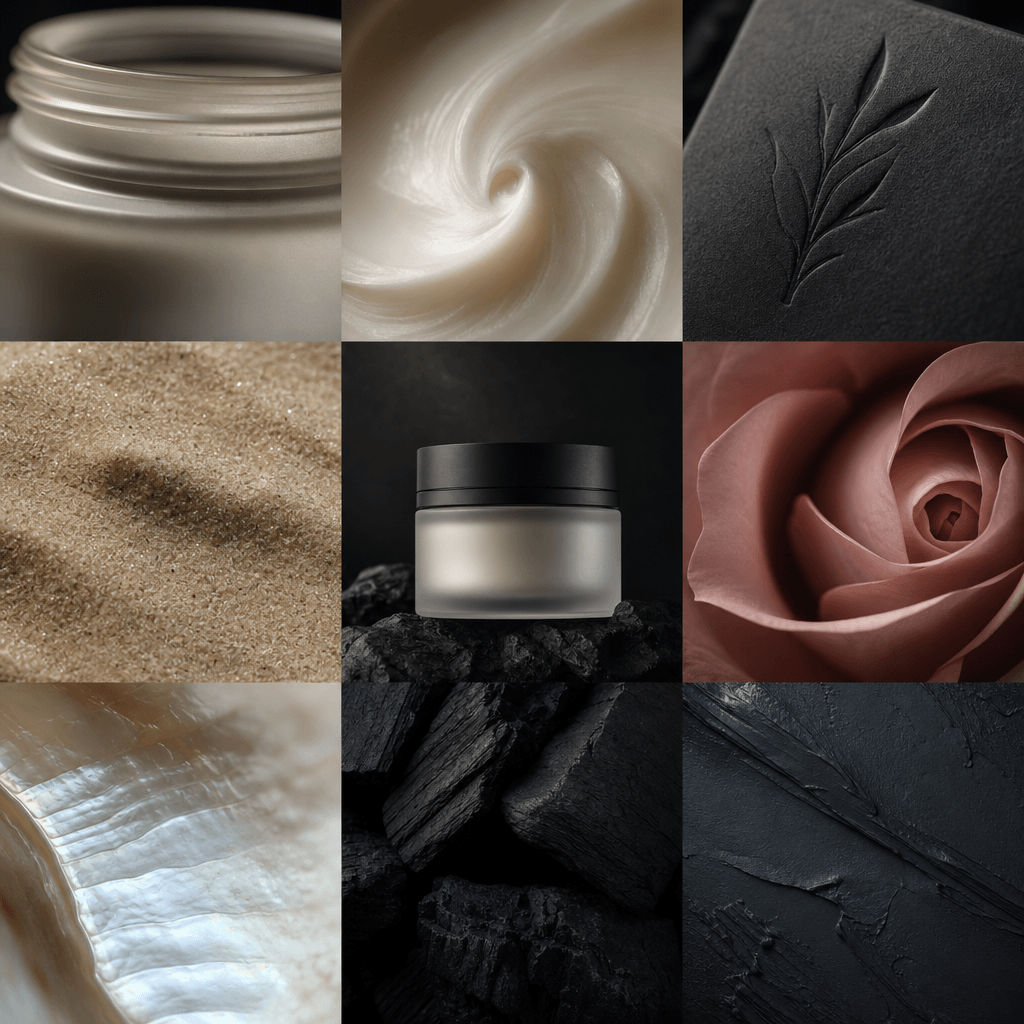 A minimalist skincare jar in a square color-study collage with macro views of frosted glass, cream texture, embossed pac