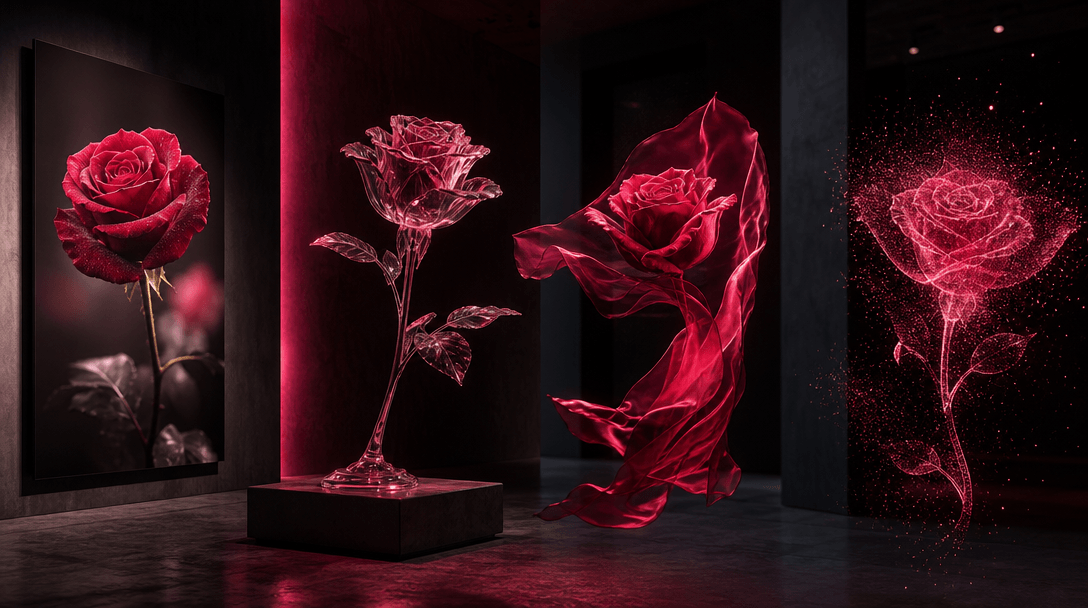 A single red rose interpreted across photography, translucent sculpture, silk, and glowing particles in a dark gallery-l