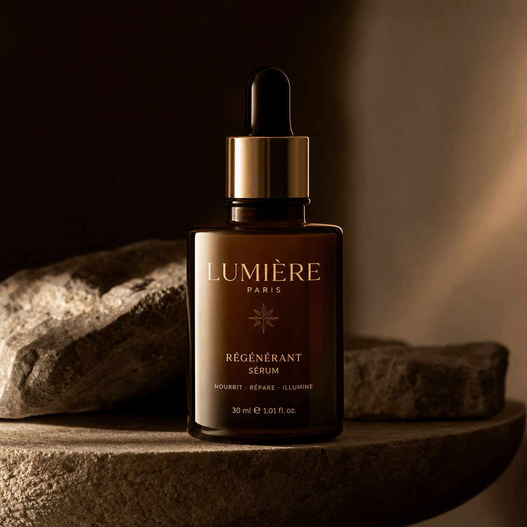 Beauty serum or cream product displayed against moody, sophisticated background with artistic lighting. High-end magazin