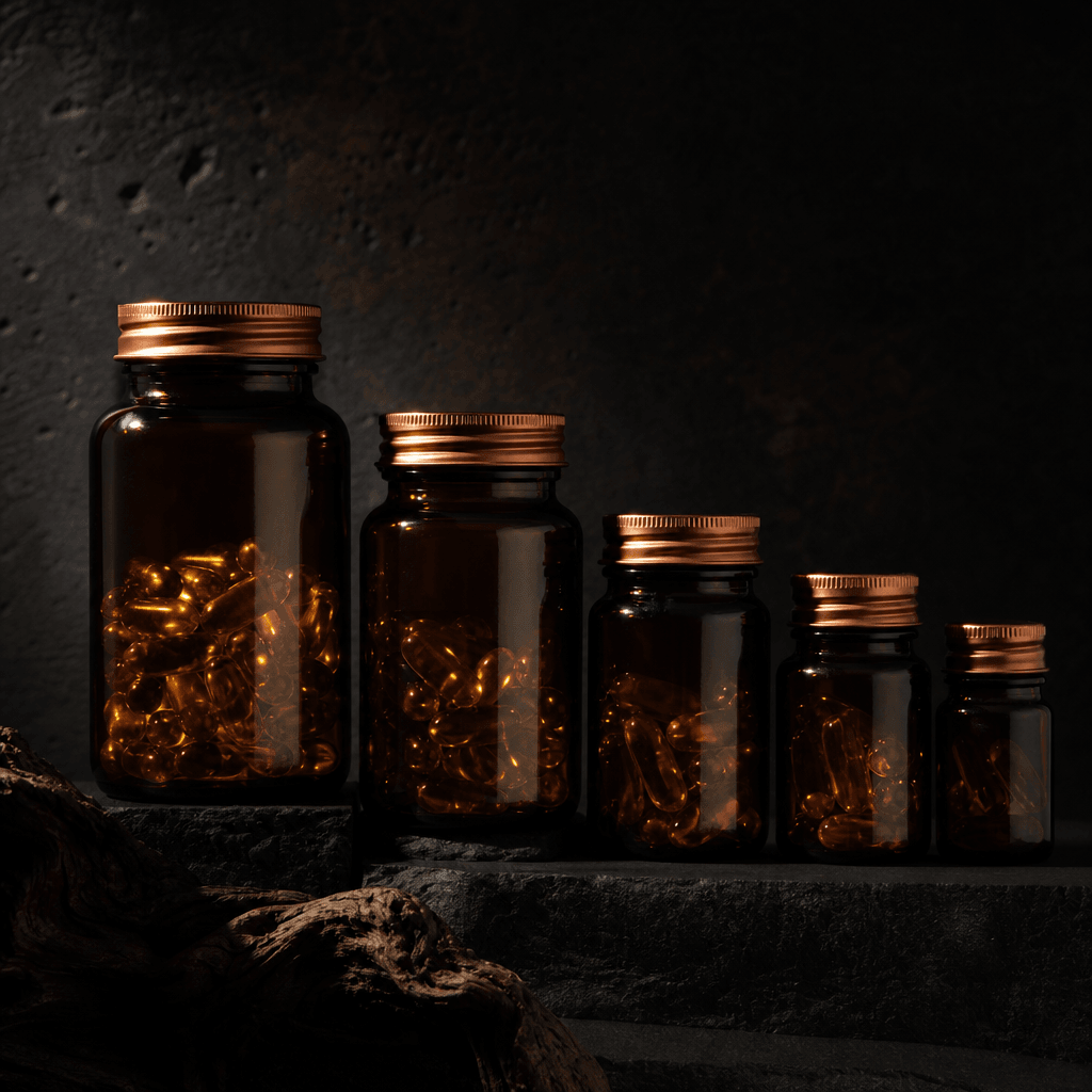 Dark moody studio arrangement of five amber glass vitamin capsule bottles in a precise descending-size lineup, dramatic 