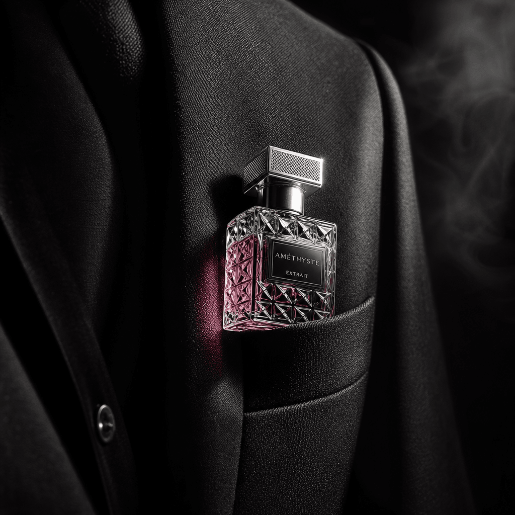 A miniature perfume bottle tucked into the breast pocket of a charcoal blazer, cut crystal glass catching a narrow beam 