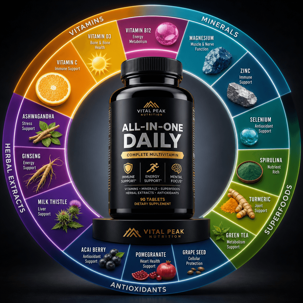 A supplement bottle surrounded by a spinning ingredient wheel infographic displaying vitamins, minerals, and herbal extr