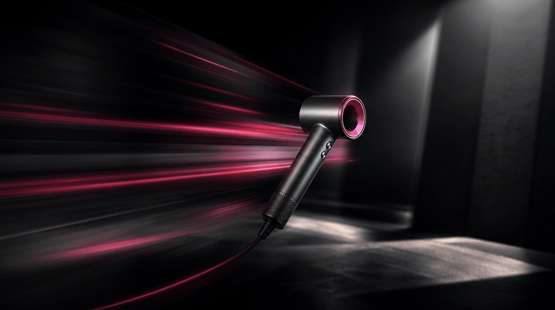 A consumer product moving rapidly through layers of shadow and directional light, leaving elegant motion trails that sug