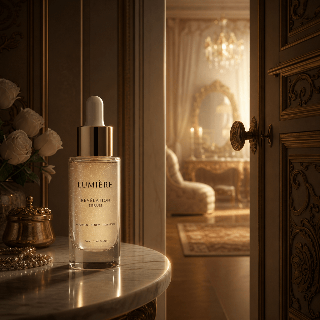 Skincare serum bottle with intimate secret room reveal, soft golden light filtering through ornate doorway, elegant furn