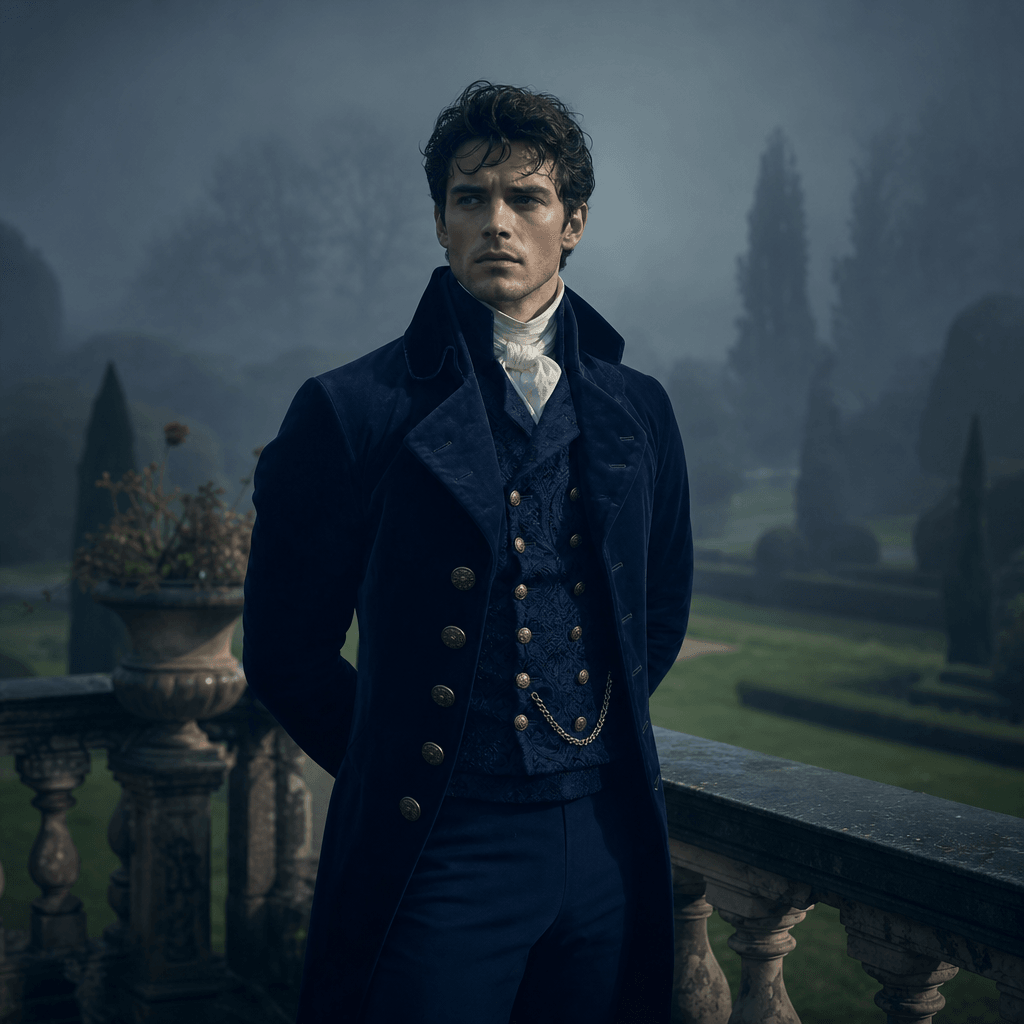 A fictional romantic lead wearing a tailored midnight-blue Regency coat in a misty formal garden at dawn, stone balustra