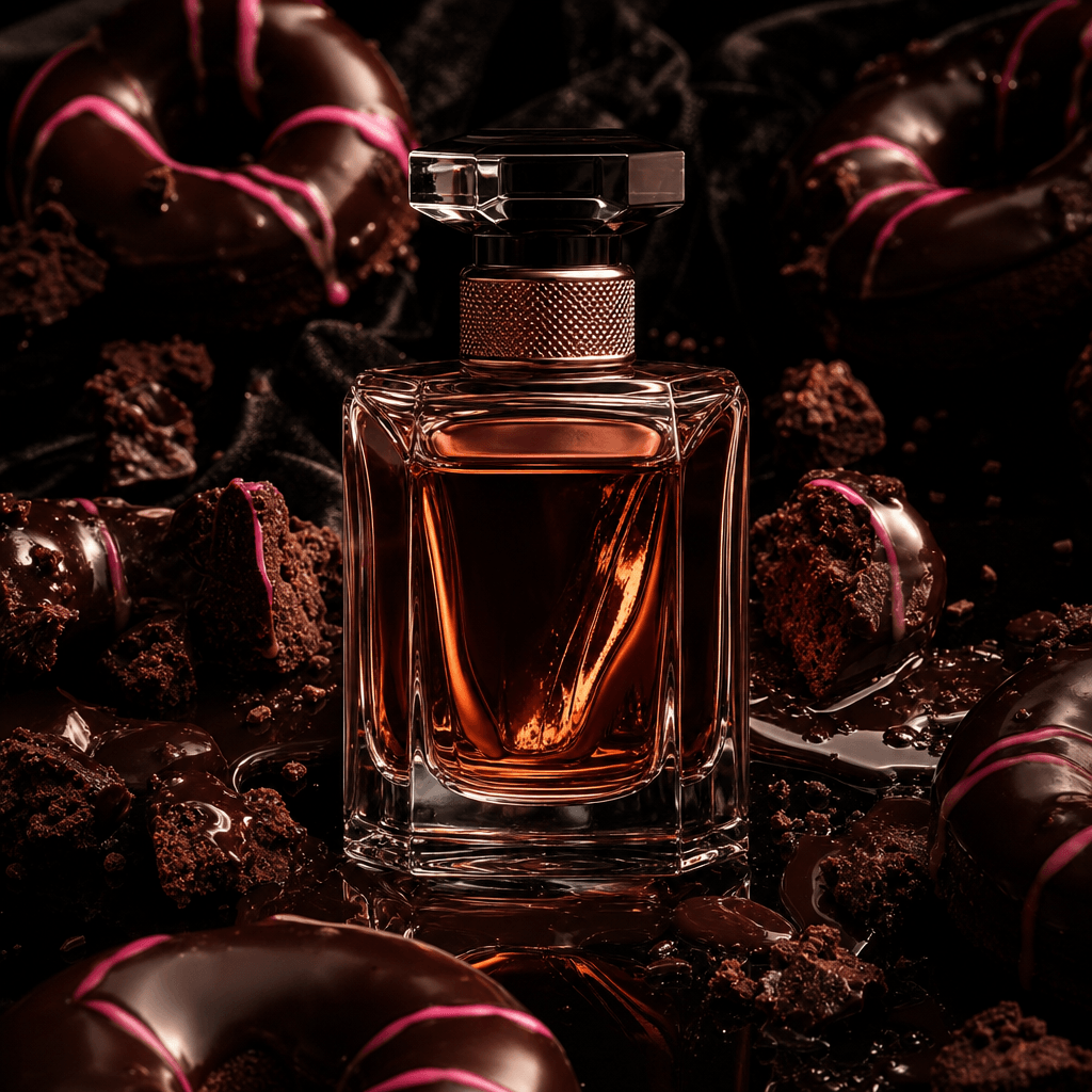 A luxury perfume bottle surrounded by fragmented chocolate donuts and glossy dark glaze, amber reflections traveling thr