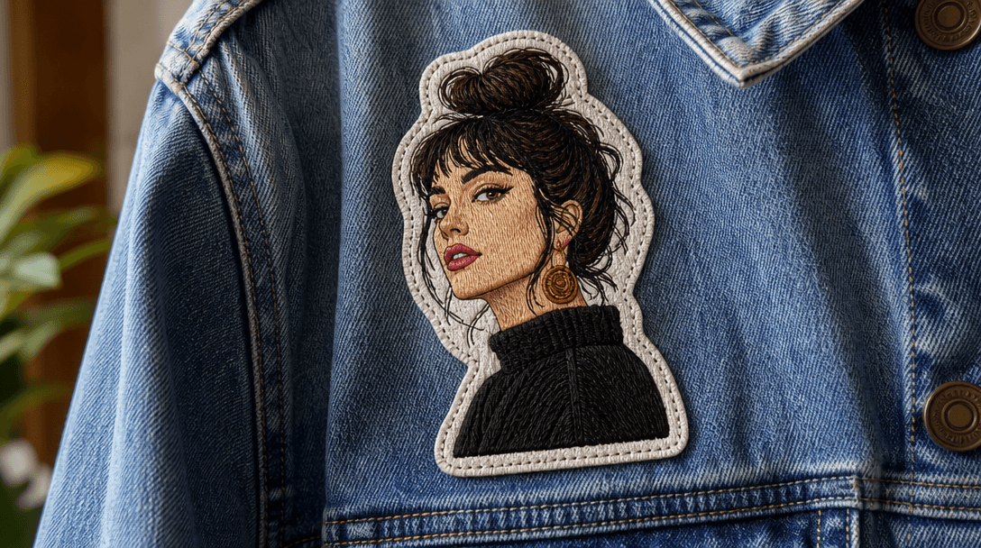 Embroidered portrait sticker on merch: sewn onto a denim jacket or tote bag, visible stitching around edges, professiona