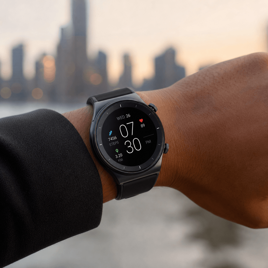 Smartwatch on wrist with blurred cityscape, contemporary lifestyle setting, professional product styling, modern editori
