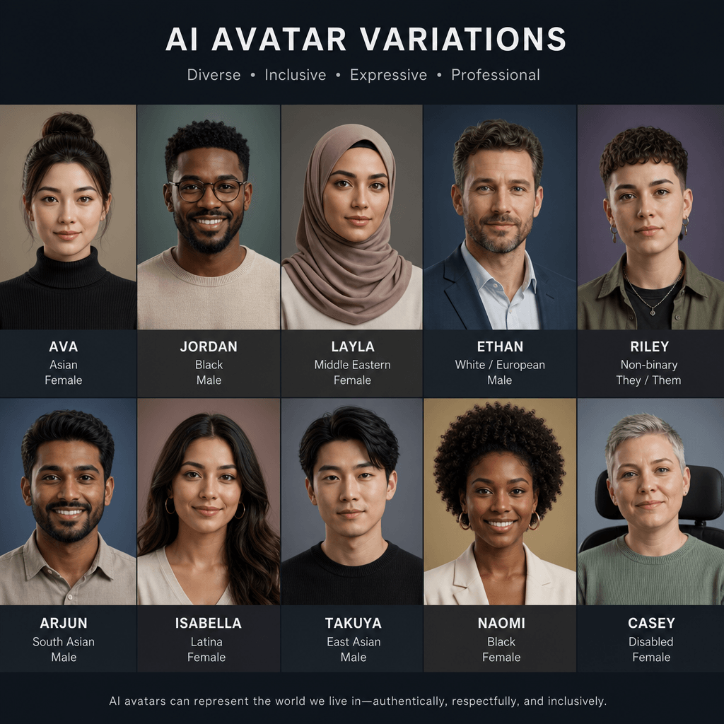 Multiple AI avatar variations side by side, diverse presentations, inclusive casting representation, comparison view.