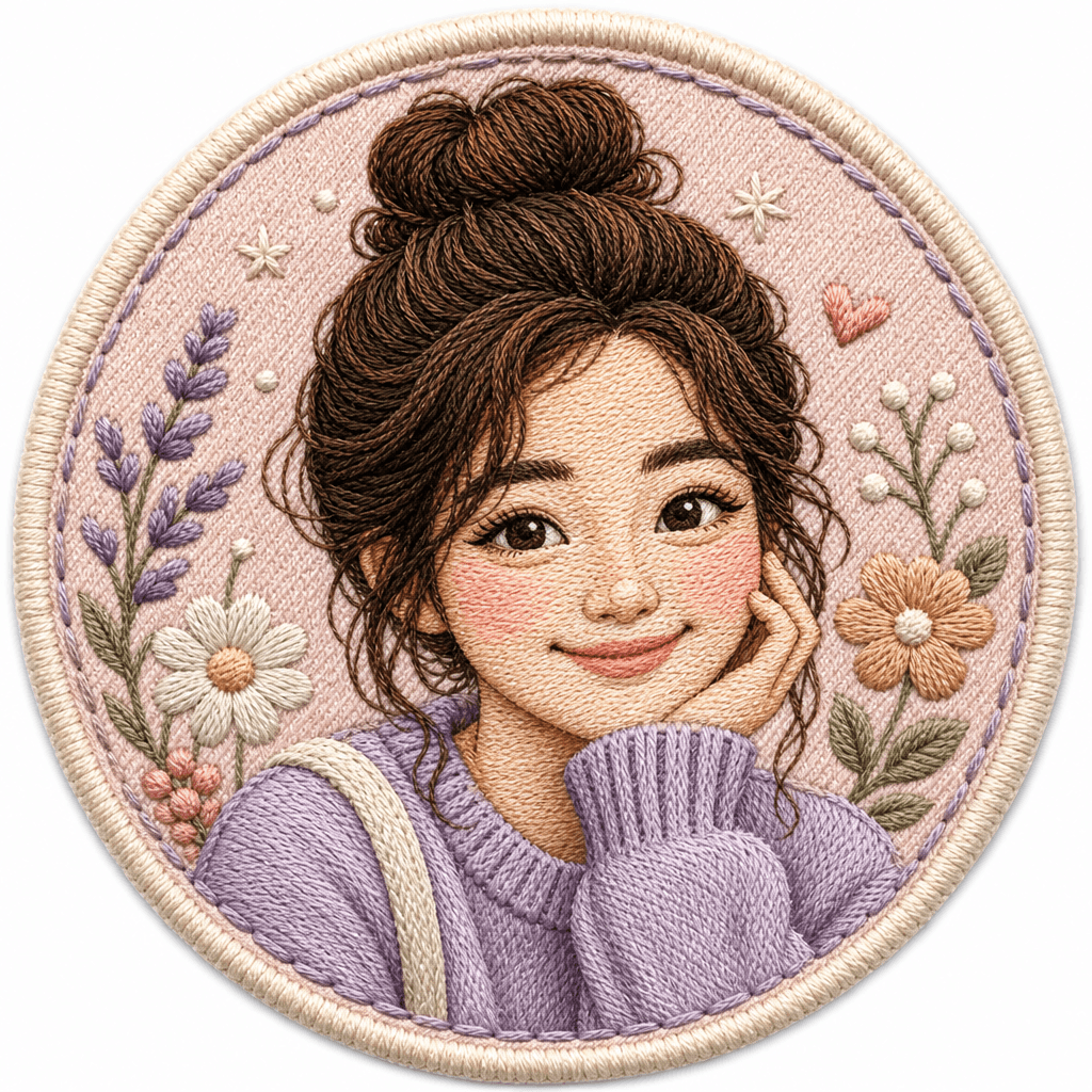 Cute embroidered sticker avatar, person's face in pastel thread colors, visible stitching patterns, warm artisanal feel,