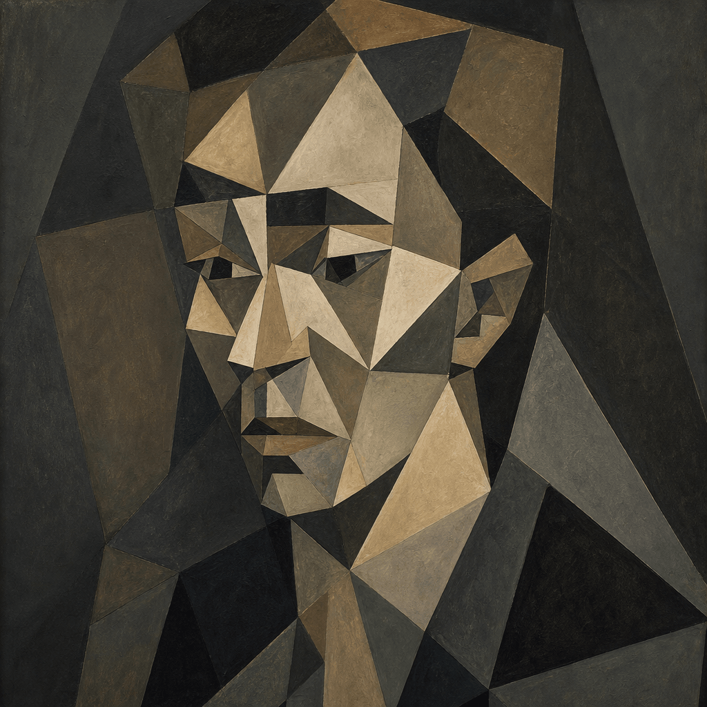 Cubist portrait of a person with bold geometric planes, muted color palette, dark editorial background with soft gallery
