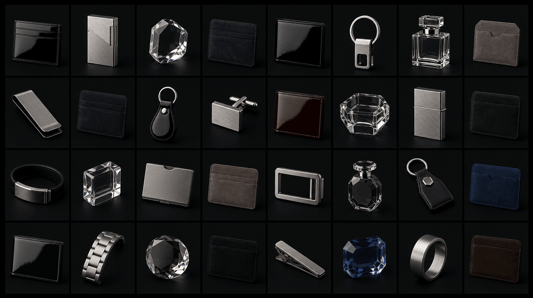 Wide editorial composition: an array of small accessory product images arranged in a precise geometric grid on a near-bl