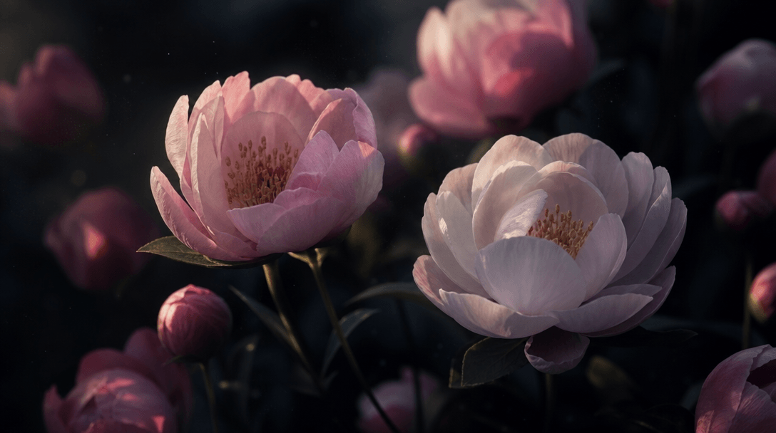 Close-up of delicate flower petals opening and closing in slow motion rhythm, dark moody background with pink and white 