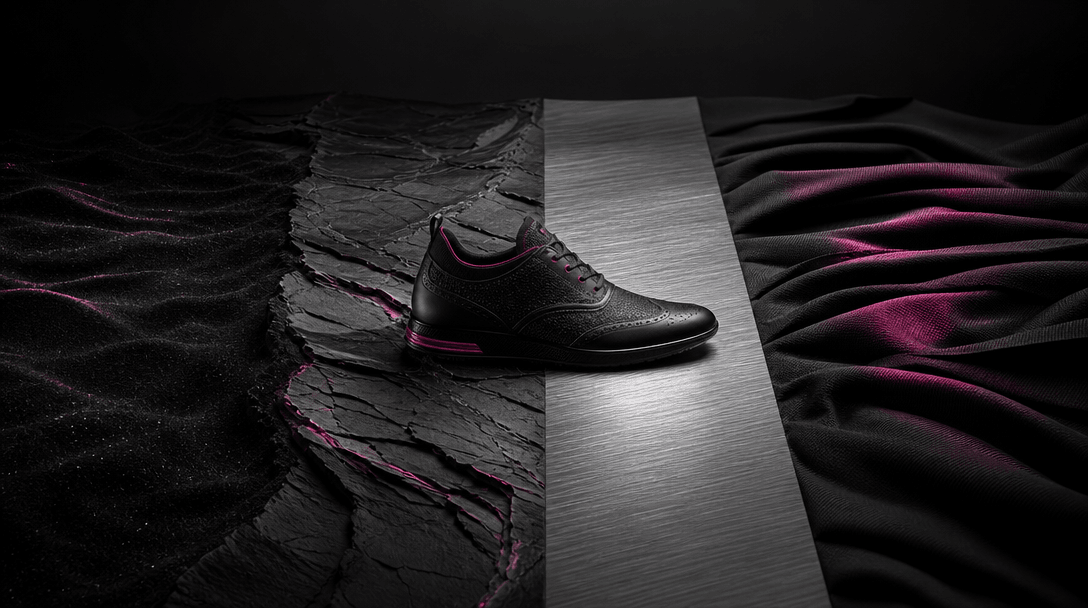 A seamless horizontal landscape where black sand gradually becomes carved stone, brushed aluminum, and folded textile, w