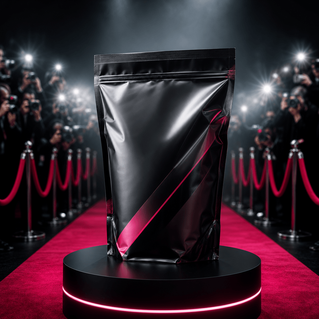 A sleek protein powder pouch presented like a major red-carpet arrival, velvet barriers and blurred photographer silhoue
