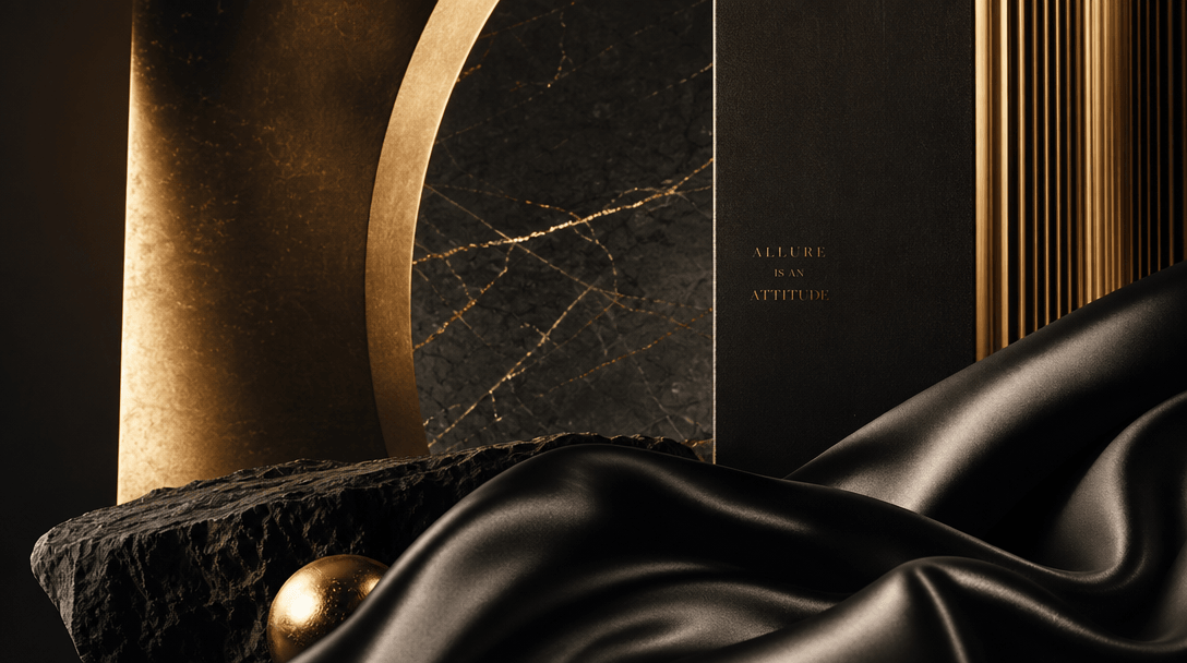 An abstract scene representing high-fashion aesthetics, with elegant textures and dramatic lighting. The image should ev