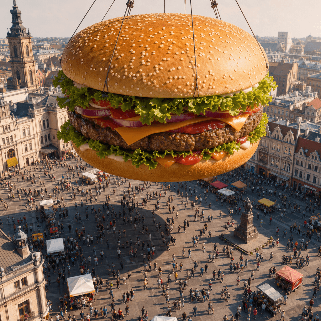 Giant burger suspended above crowded public square with tiny people shopping and walking, aerial perspective showing mas