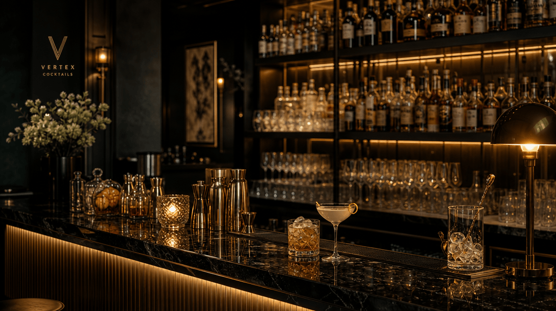 Premium hospitality bar environment. Dark elegant interior background, polished counter surfaces, sophisticated glasswar