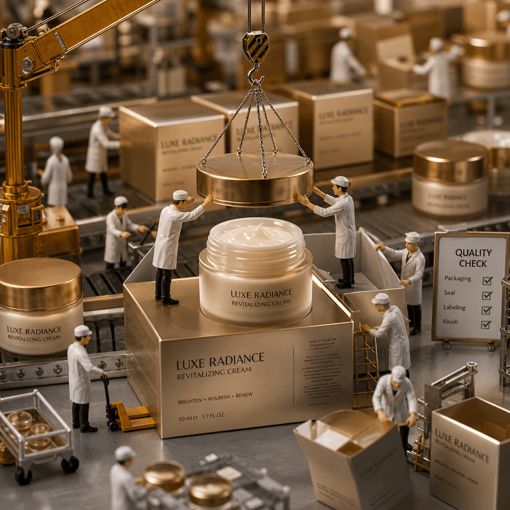 Small figures working on cosmetic packaging assembly, team coordination, professional warm lighting, intricate detail ma