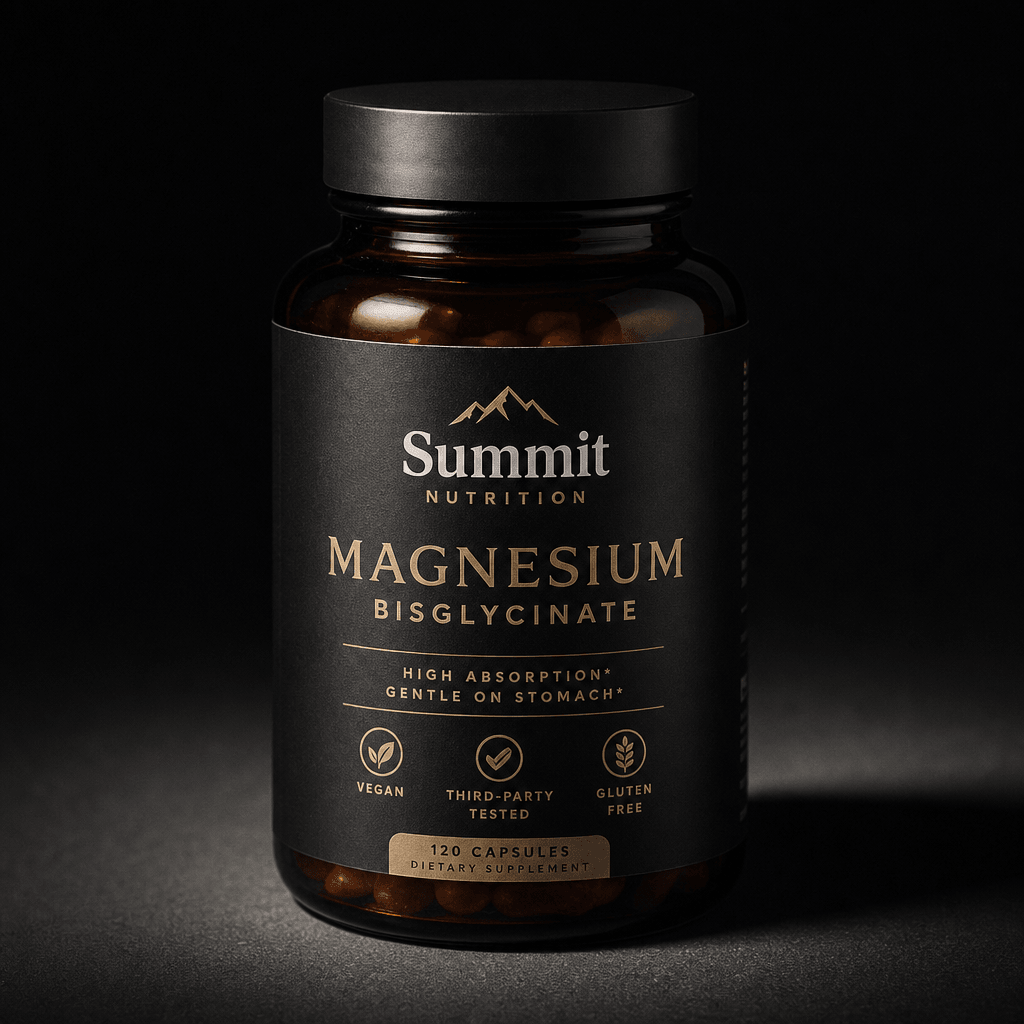 Close-up of a premium supplement bottle on a matte black surface, sharp studio rim-light casting a clean directional sha