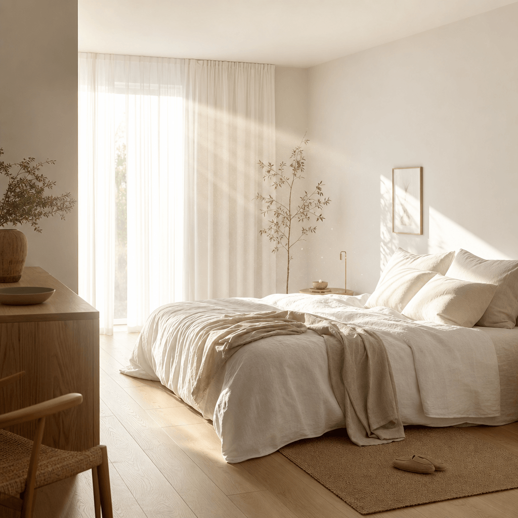 A minimalist Scandinavian bedroom bathed in soft morning sunlight, sheer white curtains glowing from backlight, warm sun