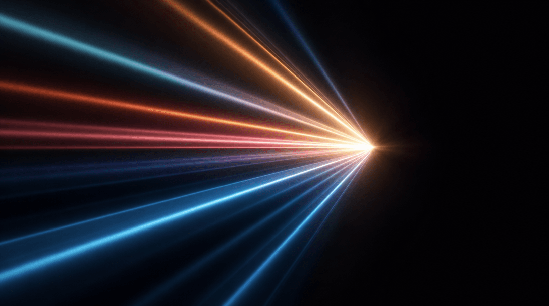 Abstract cinematic visualization: multiple converging light beams of different warm-cool hues merging into a single brig